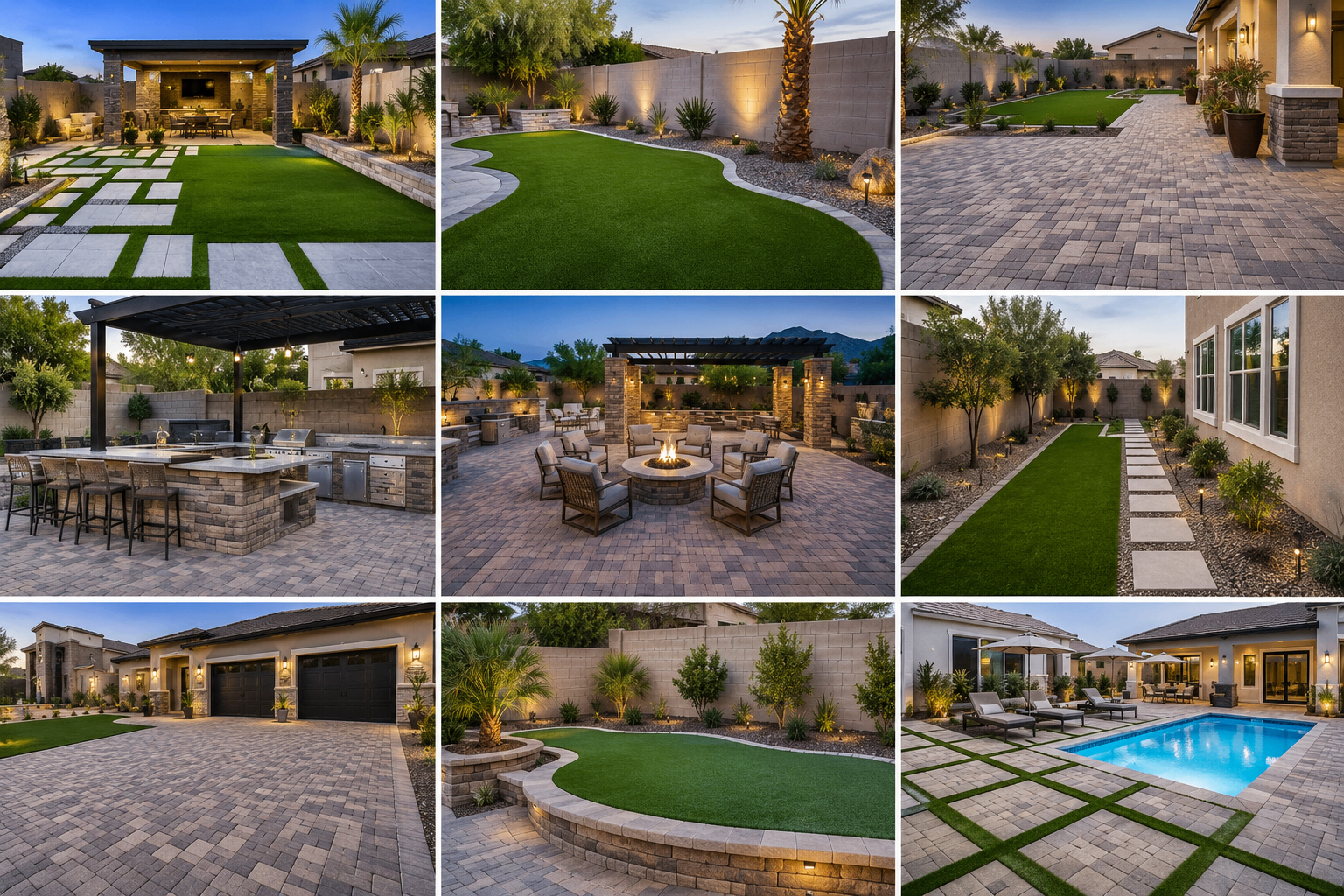 Grid of completed Bajada Turf and Pavers projects across the Phoenix valley — paver patios, putting greens, outdoor kitchens, fire features, and pool surrounds