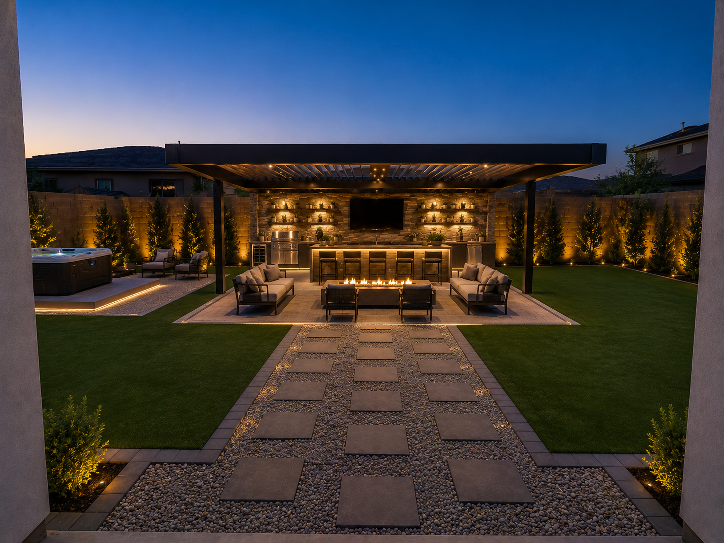 Modern Arizona backyard with travertine pavers and artificial turf at golden hour