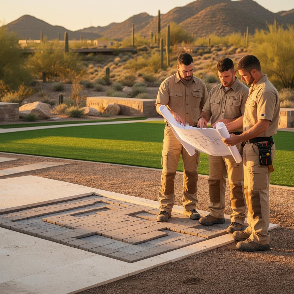 Bajada Turf and Pavers craftsman reviewing project blueprints on a Phoenix job site