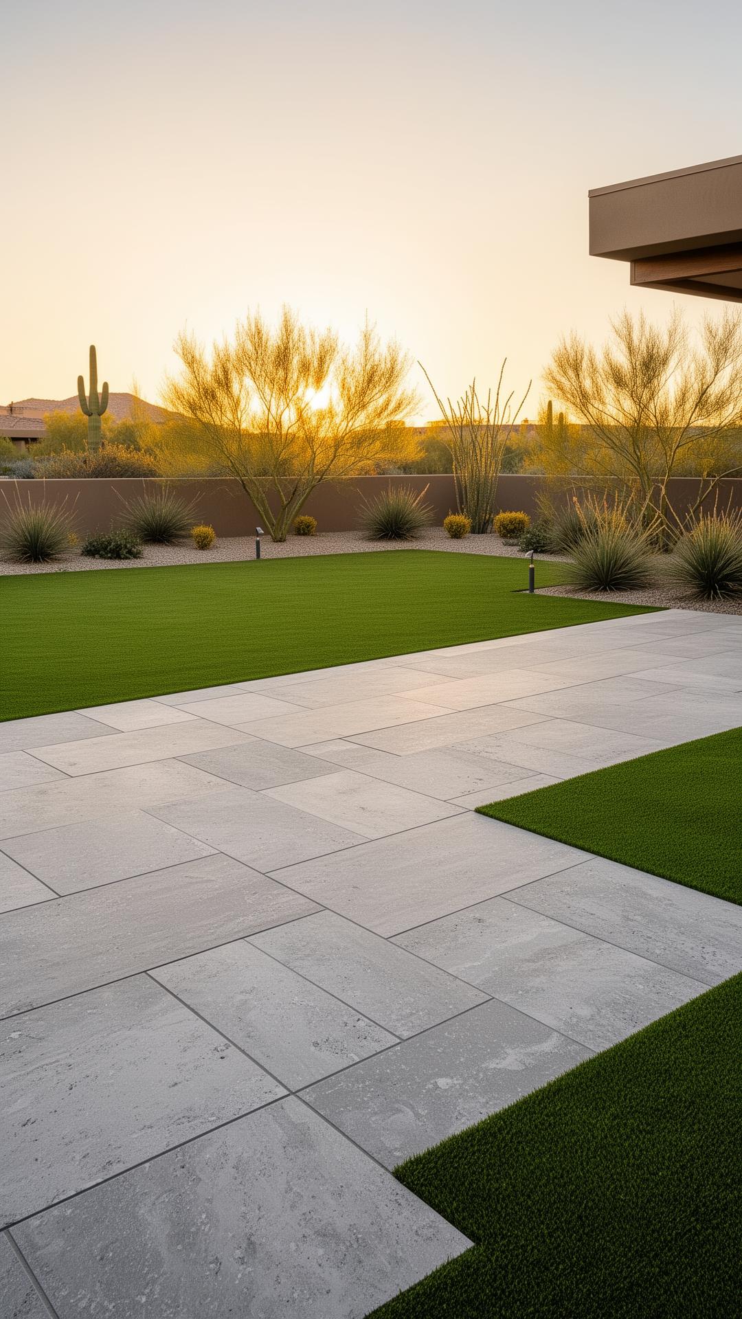 Modern Arizona backyard with travertine pavers and artificial turf at golden hour